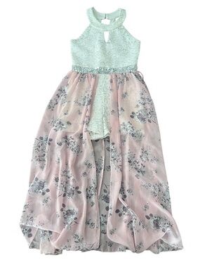 Girls White Lace Bodice Pink Floral High-Low Dress/Romper